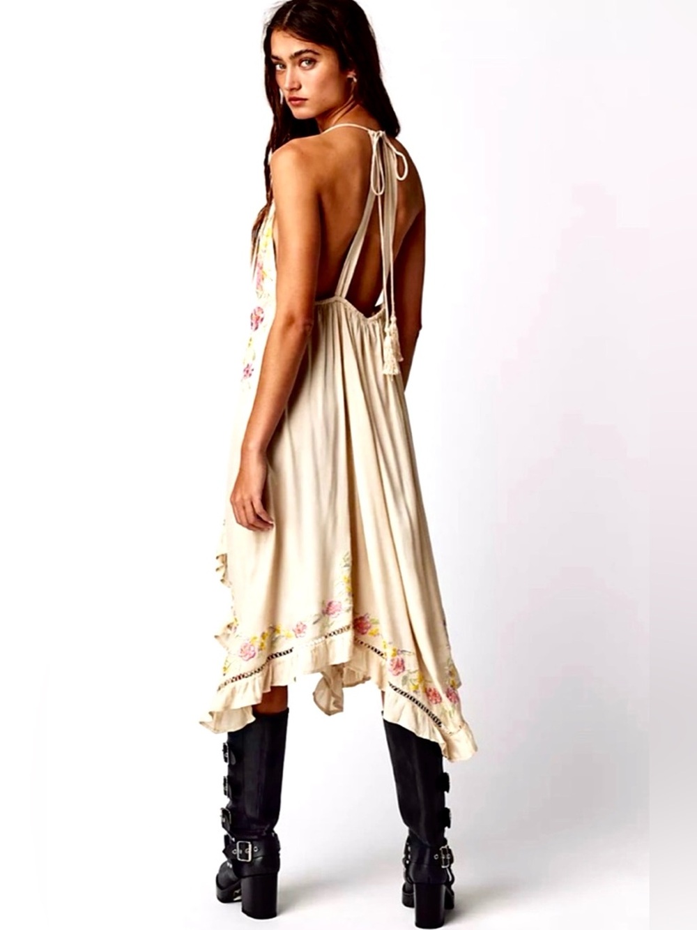 Free People Cream Floral Embroidered V-Neck Slip Dress - Picture 4 of 16